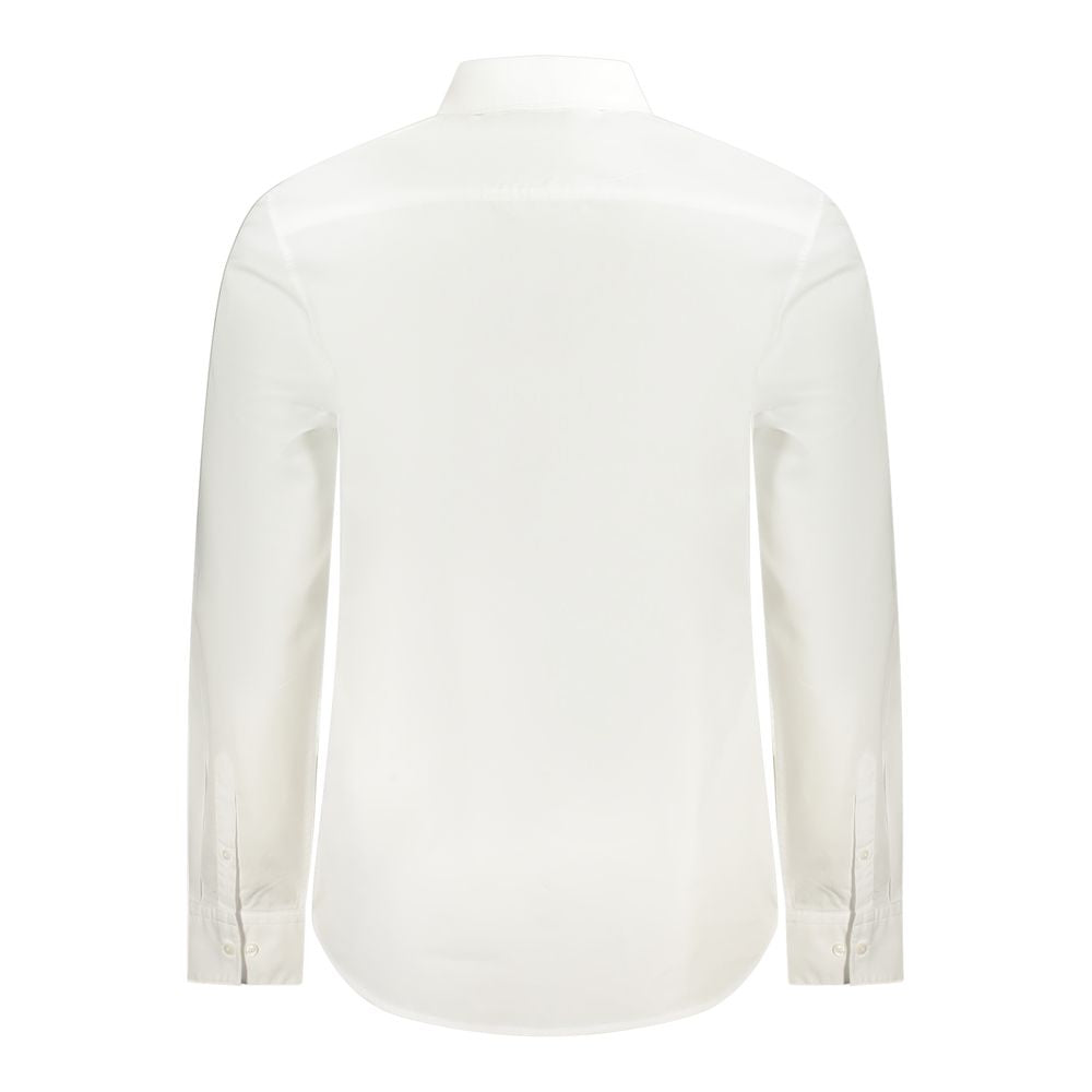 Calvin Klein White Cotton Shirt with long sleeves, Italian collar, and button cuffs, made of 100% organic cotton, classic fit, back view.