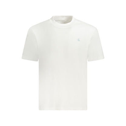 Alt Tag: Calvin Klein White Cotton T-Shirt with short sleeves, crew neck, and logo print, made from 95% regenerative cotton.
