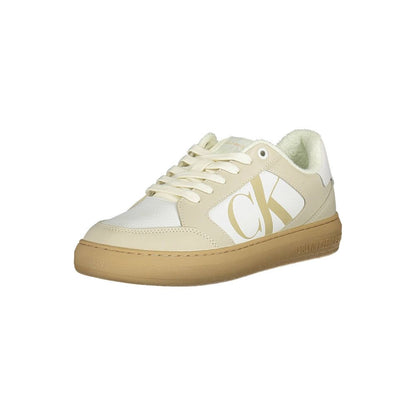 Calvin Klein White Polyester Sneaker with contrasting sole and details, featuring logo and print, made from 50% recycled polyester.