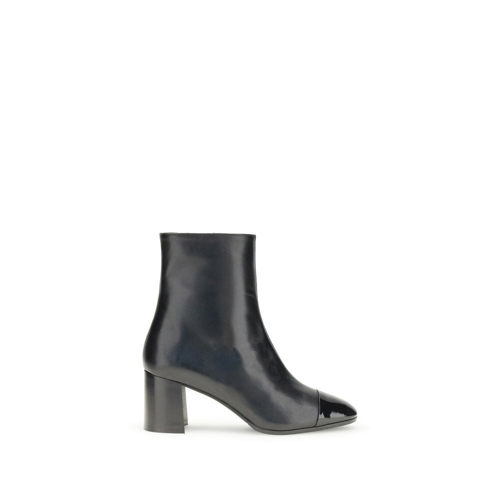 Carel Paris Black Leather Ankle Boots with patent toe and flared heel, side zip closure, perfect for AW25 season elegance.