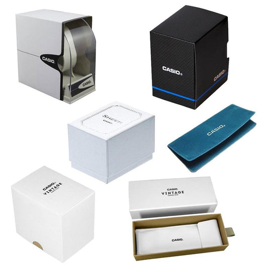 Collection of Casio watch packaging boxes and pouches in different styles and colors.