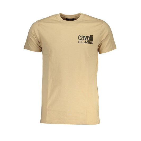 Cavalli Class Beige Cotton T-Shirt, short sleeved crew neck with logo print. Stylish and comfortable for casual wear.