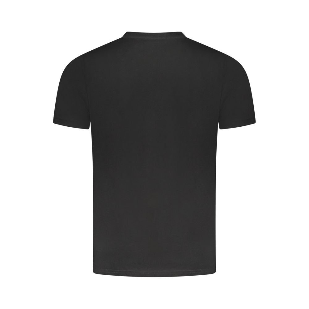 Cavalli Class Black Cotton Men T-Shirt with bold print and logo, showcasing contemporary luxury and comfort.