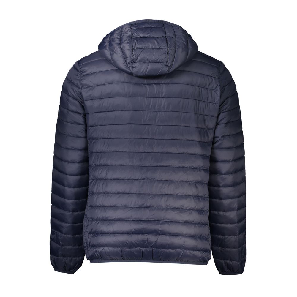 Back view of Cavalli Class Blue Polyamide Men Jacket with hood and sleek design for style and warmth.