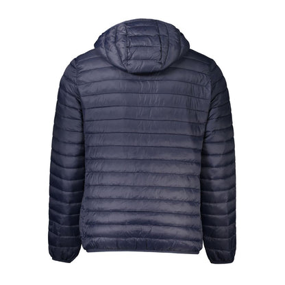Back view of Cavalli Class Blue Polyamide Men Jacket with hood and sleek design for style and warmth.