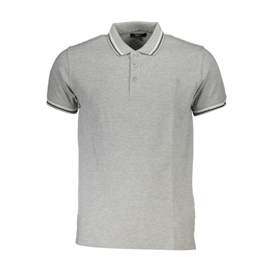 Gray short-sleeve polo shirt with contrasting collar and cuff accents