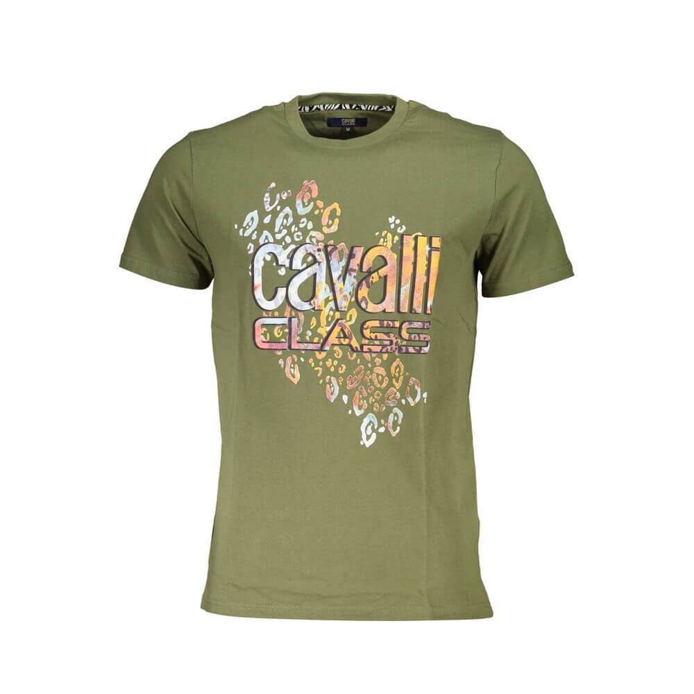 Cavalli Class Green Cotton T-Shirt with round neck, short sleeves, and logo print