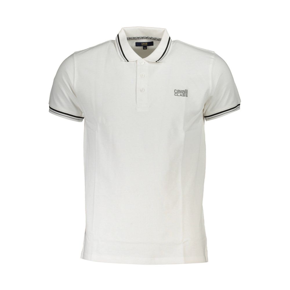 Cavalli Class White Cotton Men Polo Shirt with iconic logo and luxurious feel, perfect blend of sophistication and comfort.