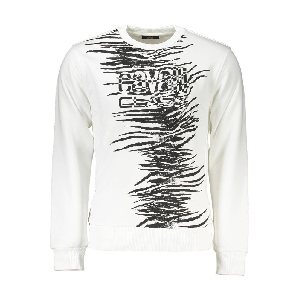 Cavalli Class White Cotton Men Sweater with striking print and logo, long sleeves, and crew neck design for style and comfort.