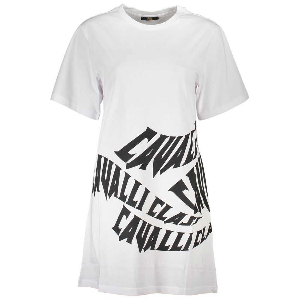 Cavalli Class White Cotton Women Dress with bold logo print, short sleeves, and round neck, showcasing contemporary chic and elegance.