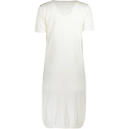 Cavalli Class White Viscose Women Dress with short sleeves and round neck, showcasing intricate embroidery and luxury brand logo.