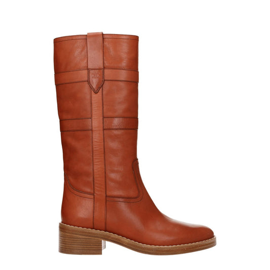 Celine Brown Leather Boots with vintage effect, round toe, mid heels, side logo, cognac tone, and 5 cm leather sole.
