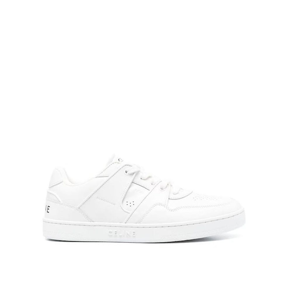Celine White Calfskin Low Top Sneakers, men's leather footwear with lace-up detail and logo, side view