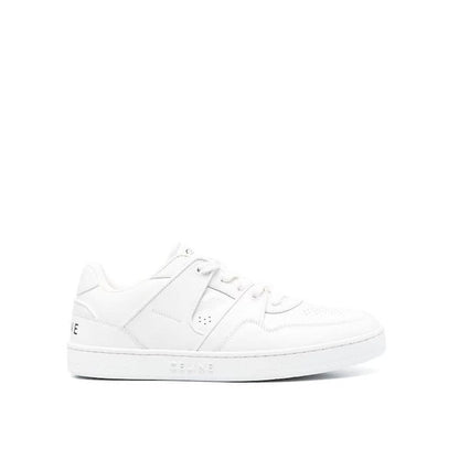 Celine White Calfskin Low Top Sneakers, men's leather footwear with lace-up detail and logo, side view