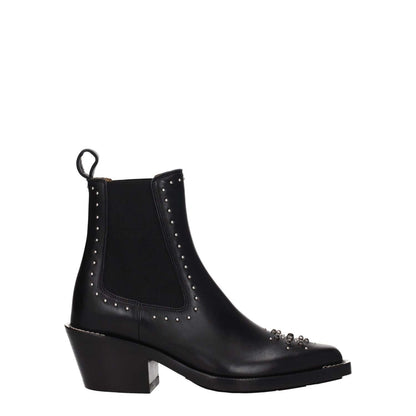 Chloé Black Leather Ankle Boots with studs and stones, square toe, mid heel, silver accents, and rubber sole. Casual style, MPN CHC22W705AV001.