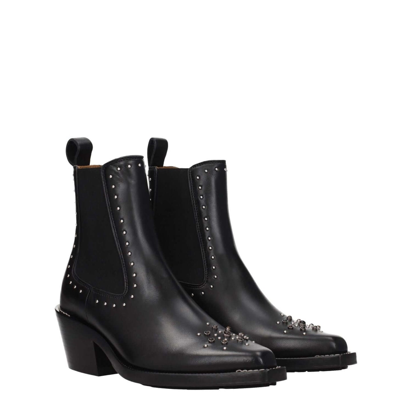 Chloé Black Leather Ankle Boots featuring studs and stones with square toe, 6 cm mid heels, rubber sole. Casual style.