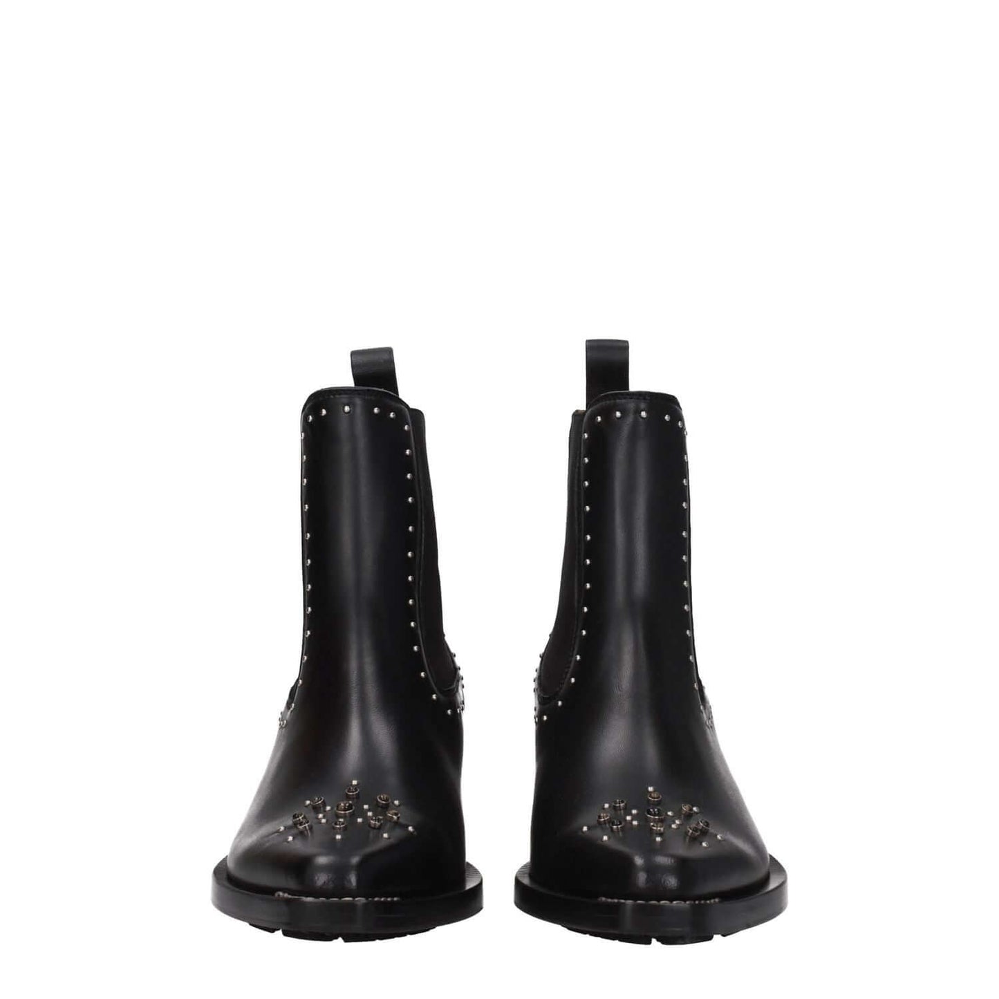 Chloé Black Leather Ankle Boots with studs and stones, casual style, square toe, mid heels, silver details, rubber sole, MPN CHC22W705AV001.