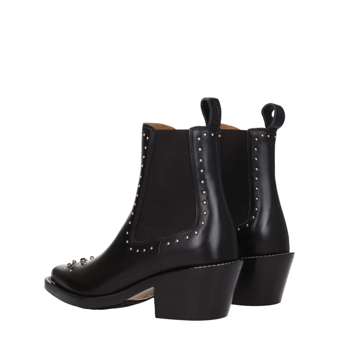 Chloé Black Leather Ankle Boots with studs and silver stones, featuring mid heels and a square toe.