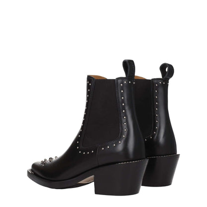 Chloé Black Leather Ankle Boots with studs and silver stones, featuring mid heels and a square toe.
