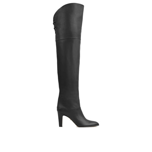 Chloé Eve Over-The-Knee Boots in black calf leather with criss-cross laces, 8.5 cm heel, 70s-inspired, slip-on design.