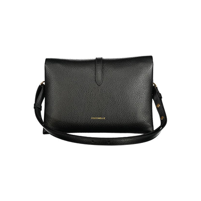 Coccinelle Black Leather Handbag with adjustable and removable shoulder strap, featuring zip closure and internal pocket.