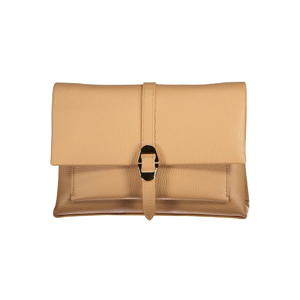 Beige leather clutch bag with buckle closure on a white background.