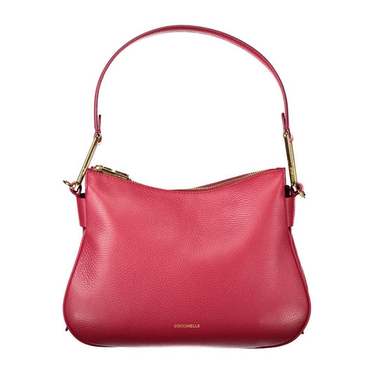 Coccinelle Red Leather Handbag with shoulder handle, zip closure, and logo. Features internal pocket and document holder spaces.