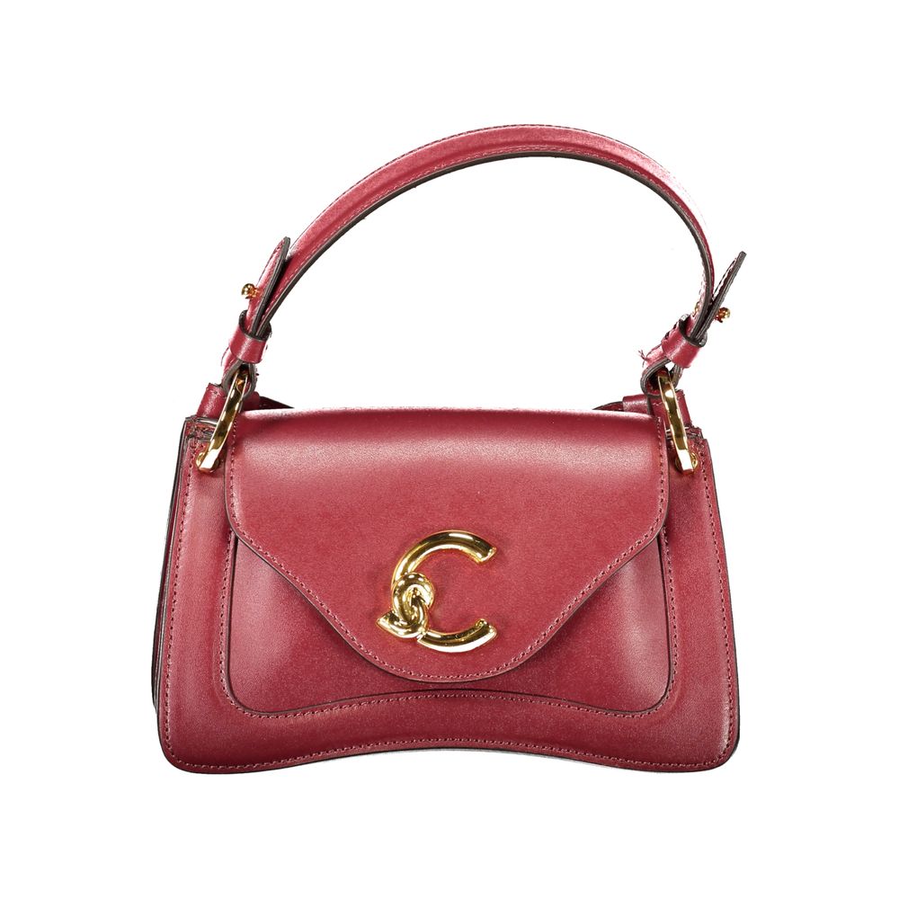Coccinelle red leather handbag with gold hardware and elegant design.