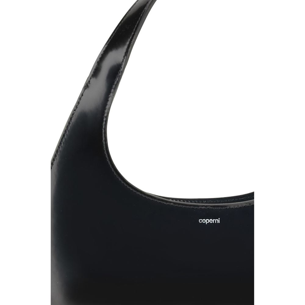 Coperni Black Leather Swipe Baguette Shoulder Bag with smooth matte finish and elegant design.