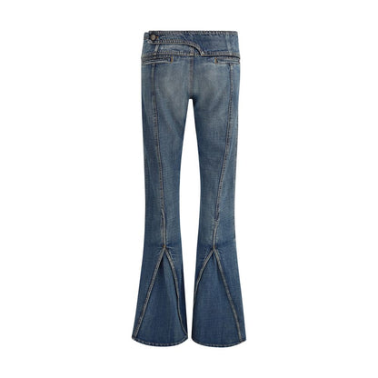 Coperni Blue Polyester Flared Jeans with front pockets and back slits, made from 65% polyester and 35% cotton, perfect for AW25 fashion trends.
