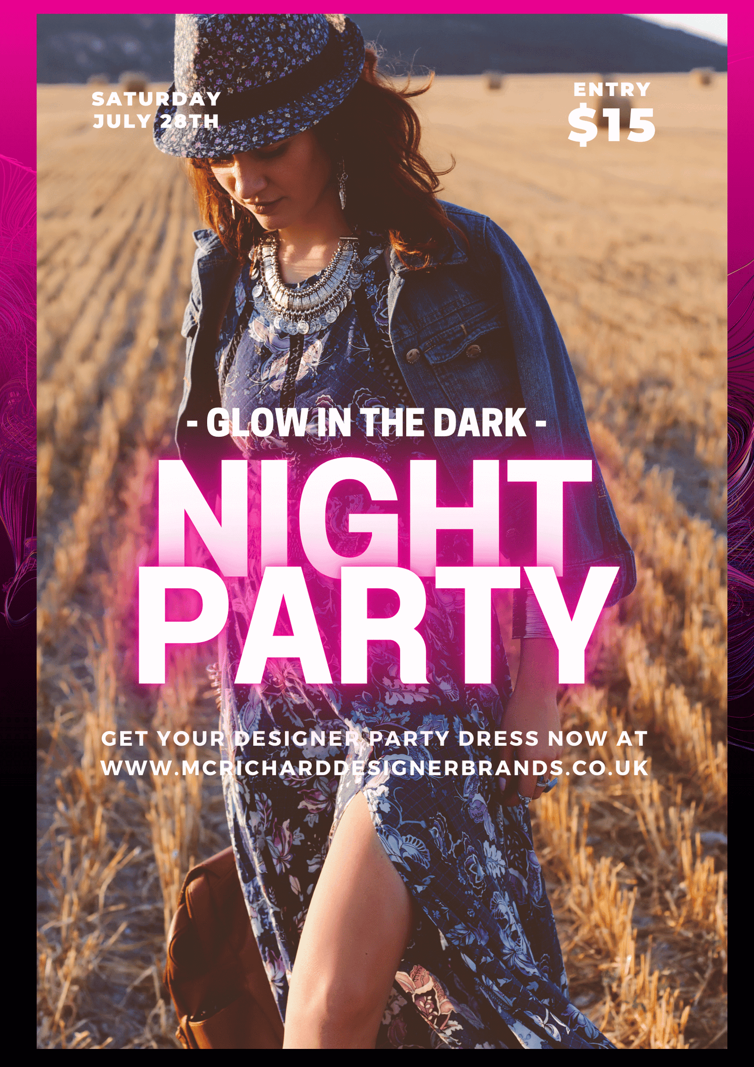 Glow in the Dark Night Party poster with date, entry fee, and designer dress detail.