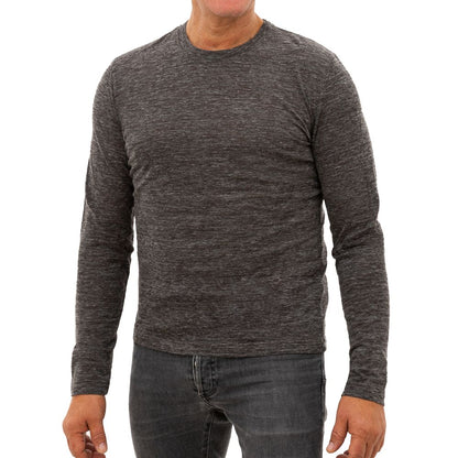 Corneliani Gray Wool T-Shirt, long-sleeve, crew neck, worn by model. Wool, viscose, polyester blend. Made in Italy. SKU: 24OTT162.