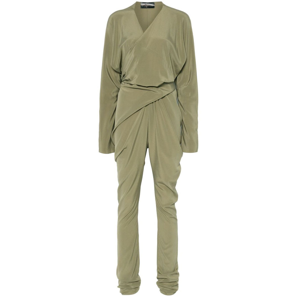 Cortana Cortana Serp Silk Jumpsuit in olive green, featuring a tied waist, V-neck, long sleeves, and draped design.