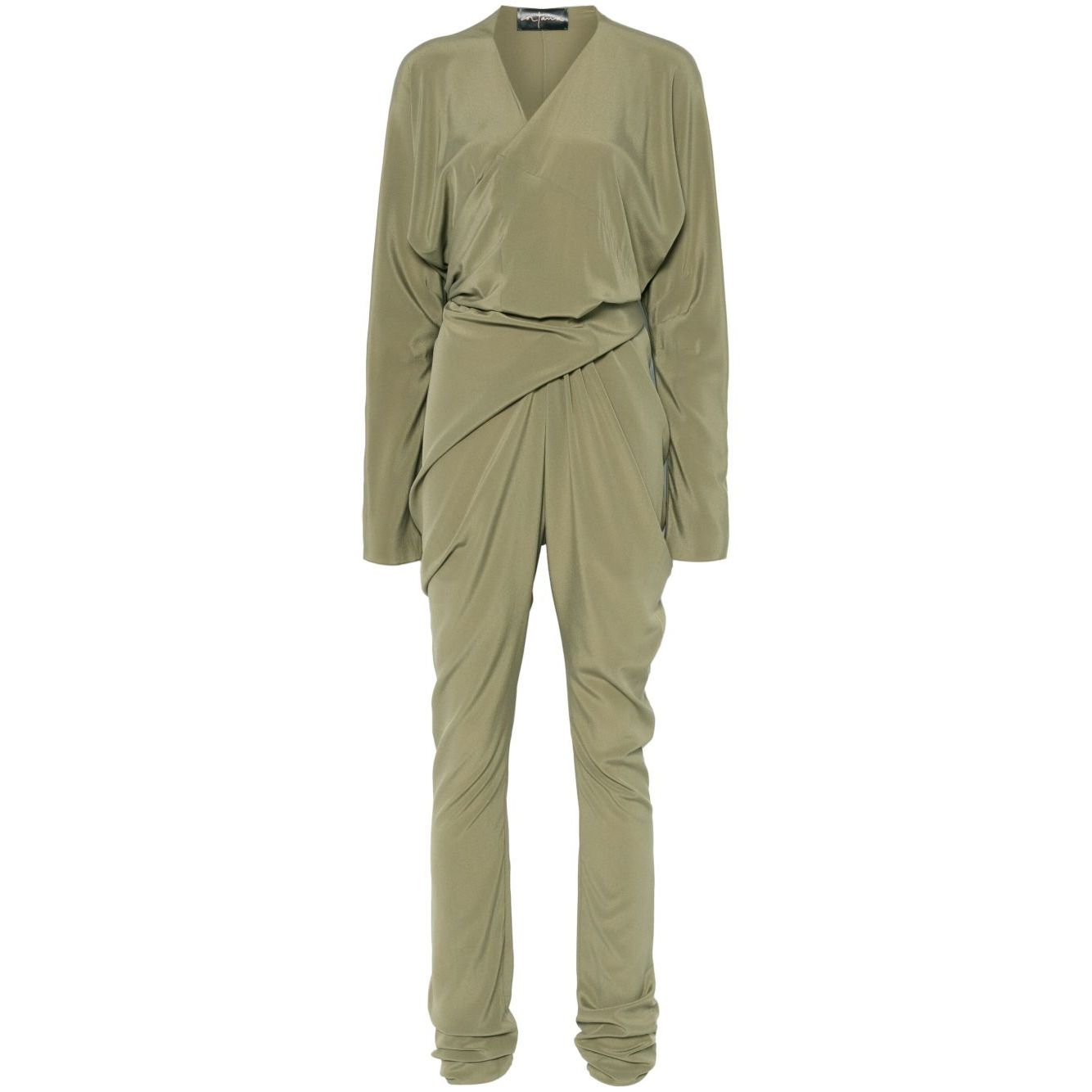 Cortana Cortana Serp Silk Jumpsuit in olive green, featuring a tied waist, V-neck, long sleeves, and draped design.