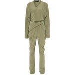 Cortana Cortana Serp Silk Jumpsuit in olive green, featuring a tied waist, V-neck, long sleeves, and draped design.
