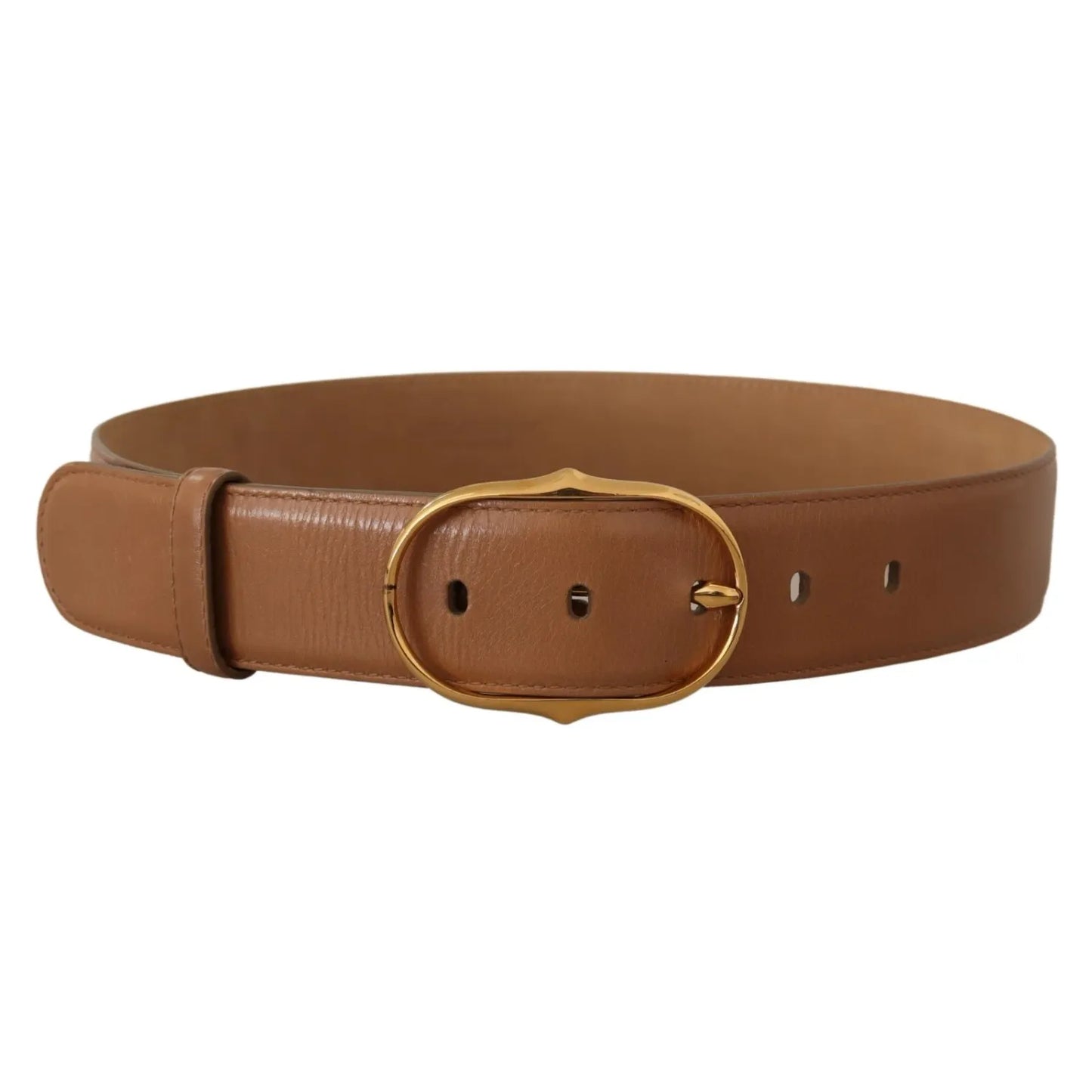Costume National Brown Leather Gold Metal Oval Buckle Belt for women, 100% leather, Italian craftsmanship, Dolce & Gabbana style.