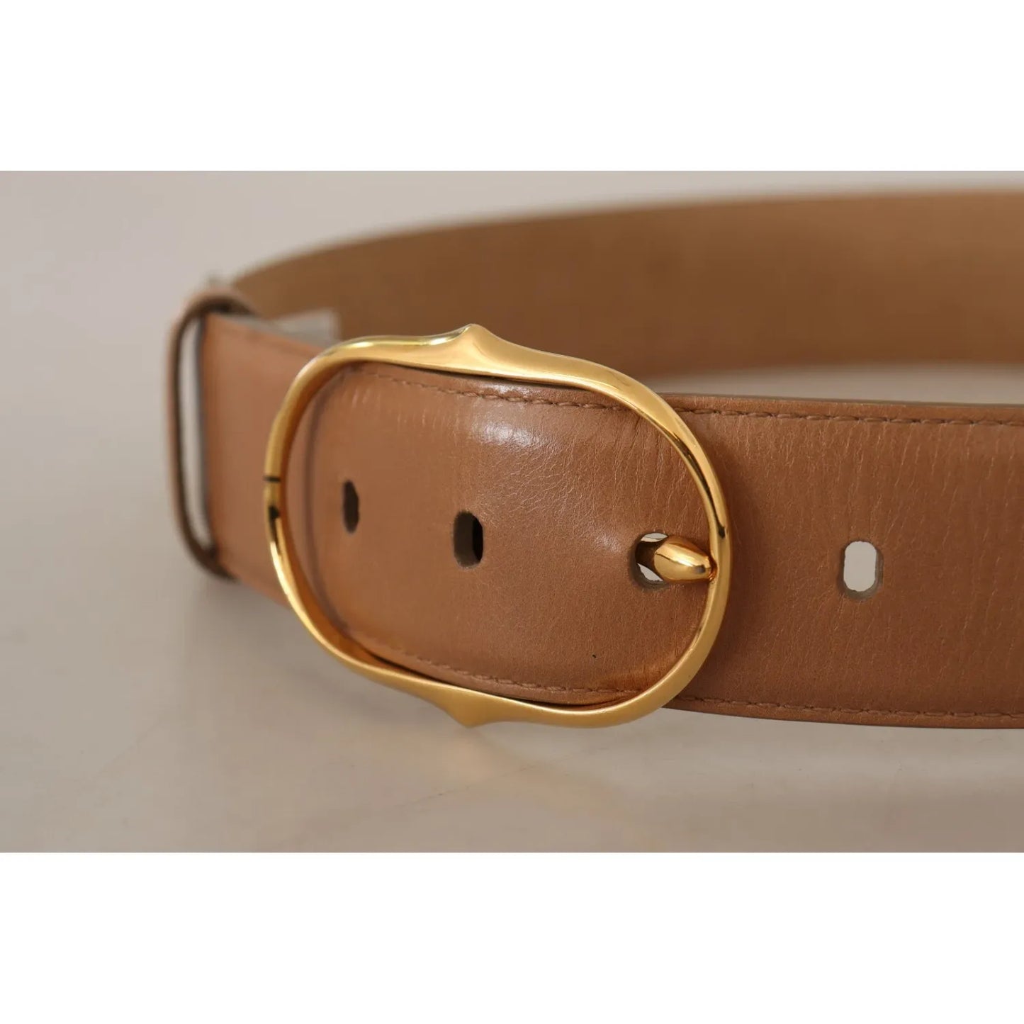 Costume National Brown Leather Gold Metal Oval Buckle Belt for women by Dolce & Gabbana, made in Italy.