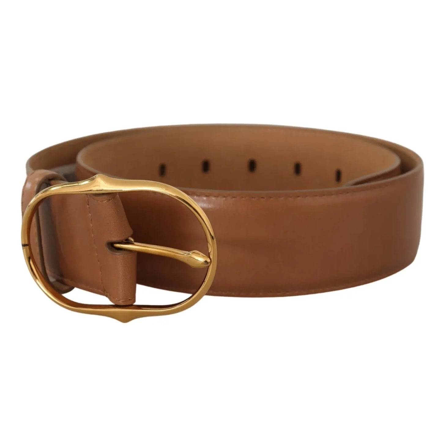 Costume National Brown Leather Gold Metal Oval Buckle Belt for women, made in Italy, featuring a stylish gold buckle.