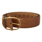 Costume National Brown Leather Gold Metal Oval Buckle Belt for women, made in Italy, featuring a stylish gold buckle.