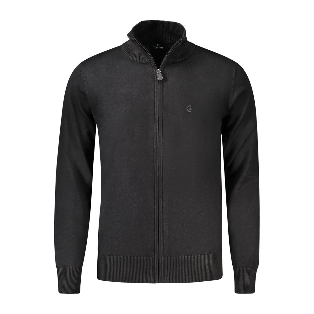 Coveri Moving Black Nylon Sweater, long sleeve cardigan with zip and logo embroidery.