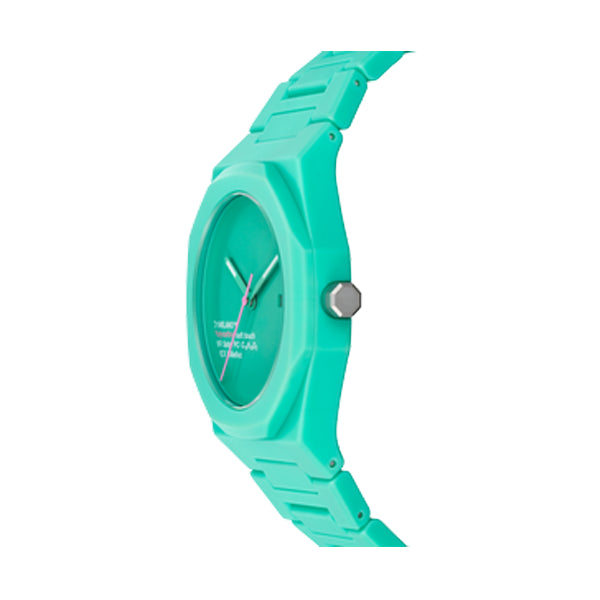 D1 MILANO Mod. POLYCARBON HOT AQUA wristwatch with 5 ATM water resistance, 40.5 mm polycarbonate case, quartz movement, and official box packaging.