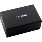 Official packaging box for D1 MILANO Mod. POLYCARBON HOT AQUA wristwatch, showcasing brand logo on matte black box.