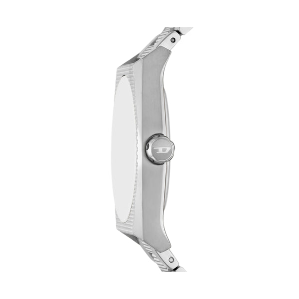 Side view of DIESEL Mod. SCRAPER gent wristwatch with 43mm case, showcasing the sleek design and official packaging.