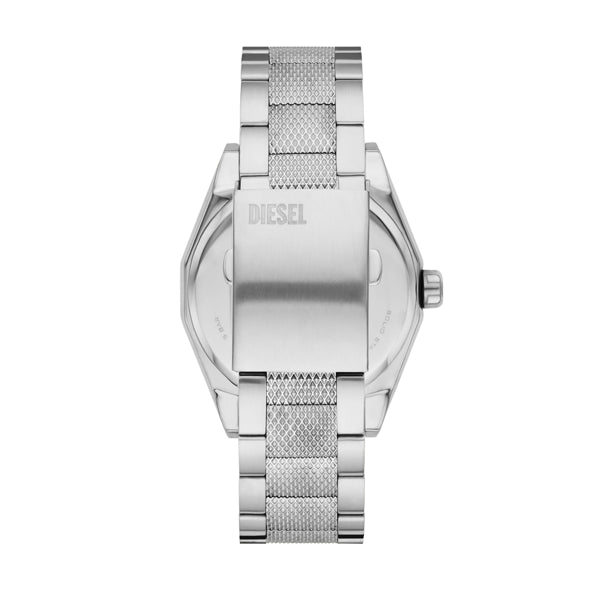 Back view of DIESEL Mod. SCRAPER wristwatch, stainless steel bracelet, gent's 43 mm case, comes with official box packaging.