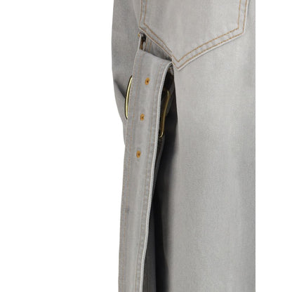 Side view of Darkpark Gray Cotton Relaxed Fit Jeans showcasing gold hardware and frayed hemline.