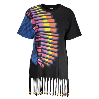 Desigual Black Cotton Women Dress with vibrant print and fringed hem showcasing brand's bold style.