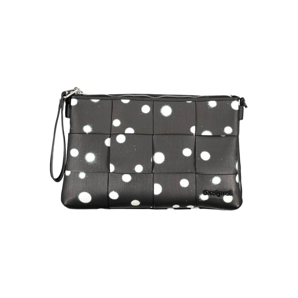 Desigual Black Polyethylene Handbag with polka dot design, handle, removable chain shoulder strap, and multiple compartments.