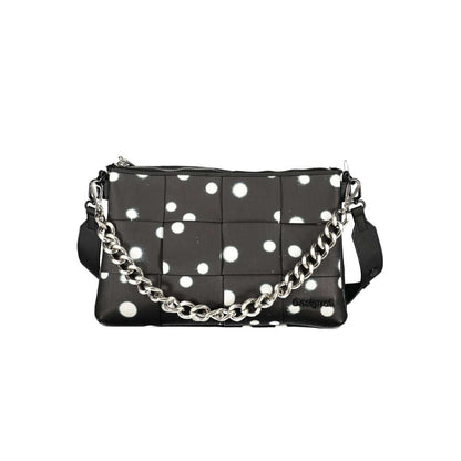 Desigual Black Polyethylene Handbag with polka dot design, removable chain shoulder handle, and logo on front.