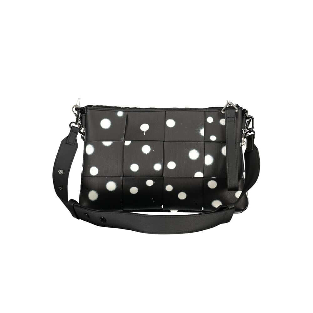 Desigual Black Polyethylene Handbag with polka dots, removable chain shoulder handle, and contrast details with logo.