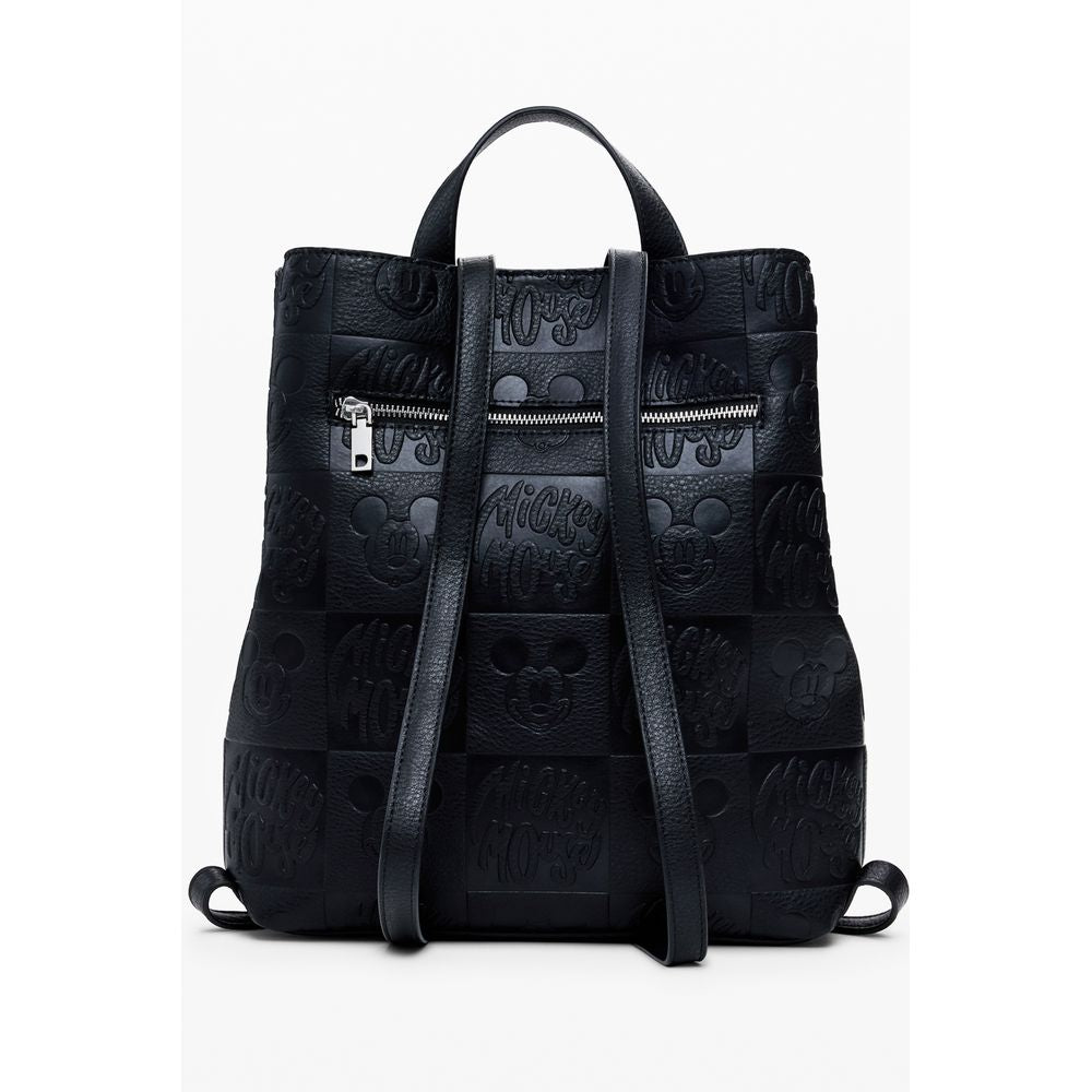 Desigual Black Polyethylene Women Backpack with Mickey design, edgy urban-chic style, and adjustable straps for comfort and organization.